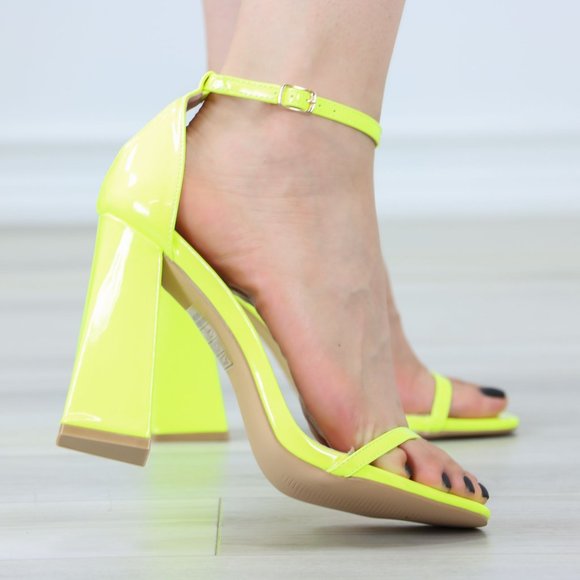 Neon Yellow Block High Heel Open Toe Sandals Ankle Strap - Picture 5 of 13